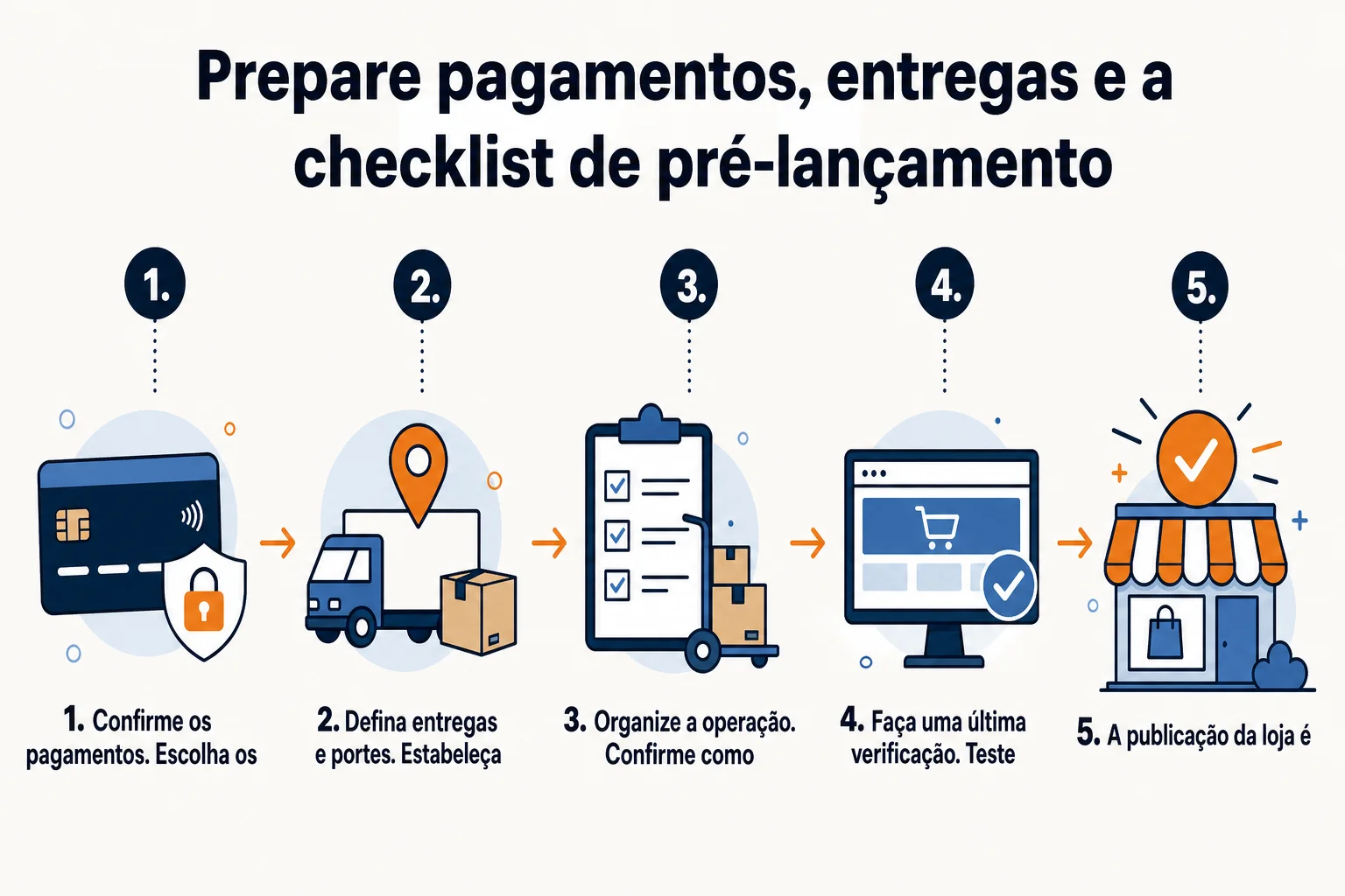 Infográfico: Prepare pagamentos, entregas e a checklist de pré-lançamento