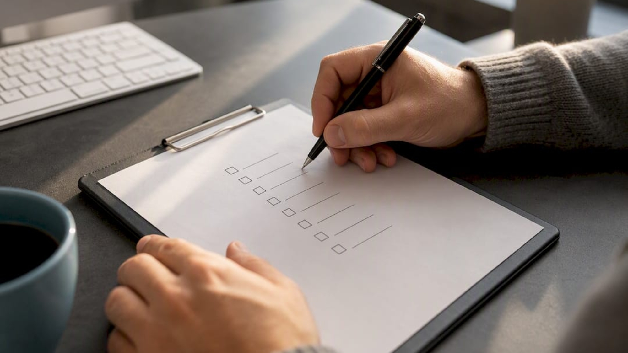 Mãos a preencher o checklist do perfil empresarial