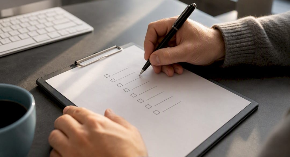 Mãos a preencher o checklist do perfil empresarial