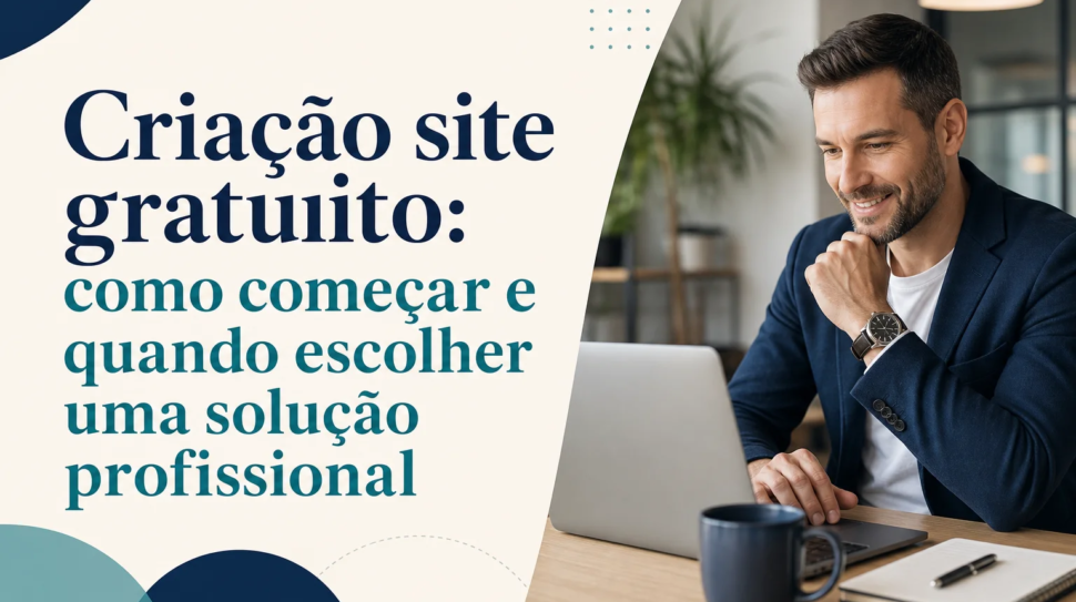 Capa editorial do artigo “Criação site gratuito: como começar e quando escolher uma solução profissional”